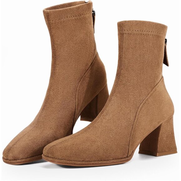 Women's Square Toe Ankle Chestnut Boots Faux Suede Low Block Heel Chelsea Shoes - Picture 1 of 7
